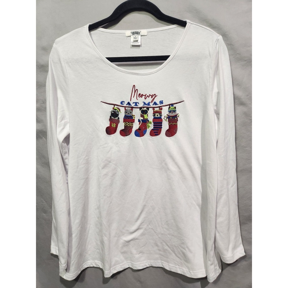 Country Stores Meowy Catmas Embroidered Kitty In Stockings Christmas Shirt Large